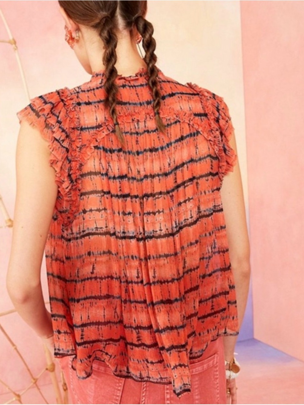 Ulla Johnson Coral and Black Ruffled Tie-Neck Blouse - Picture 2 of 4